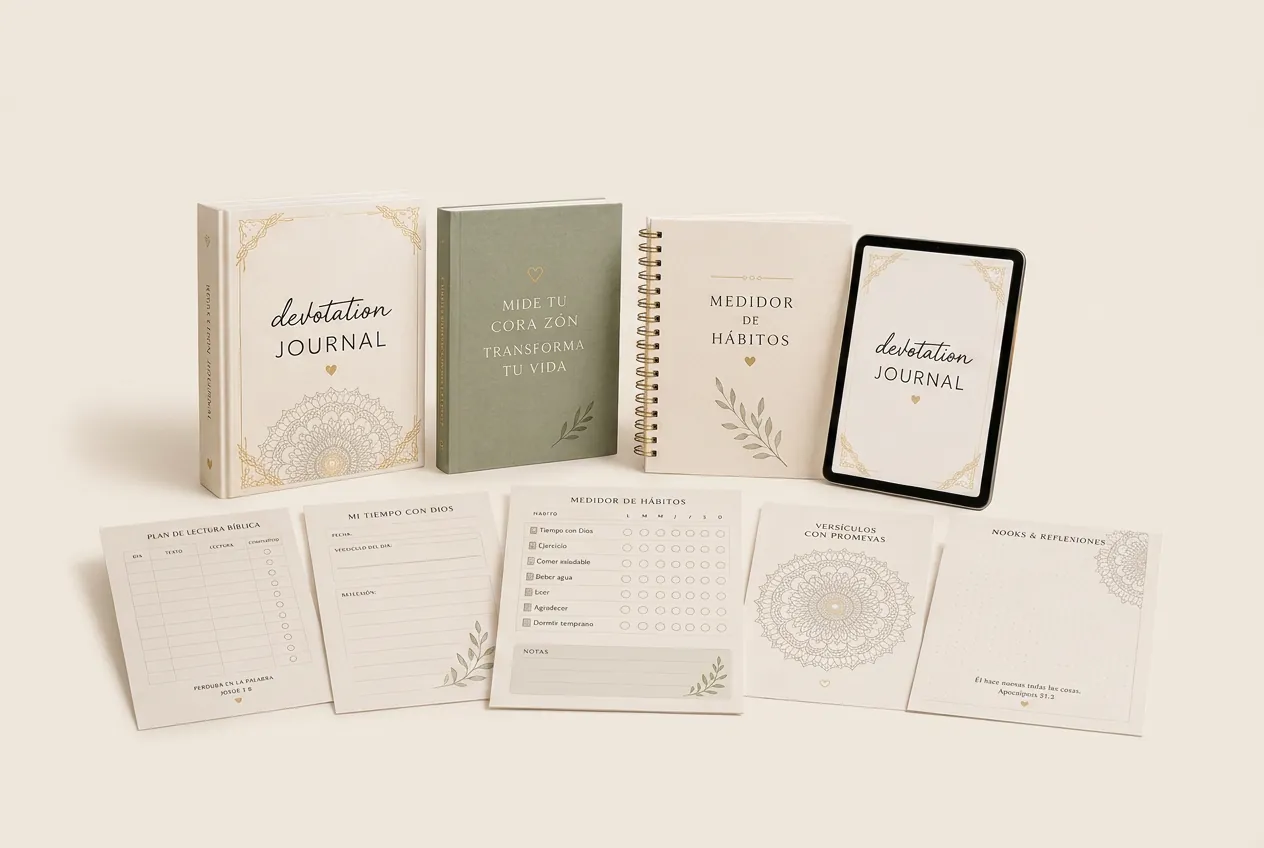 Mockup del devocional Gracia Diaria con el Bible Journal y todos los bonos