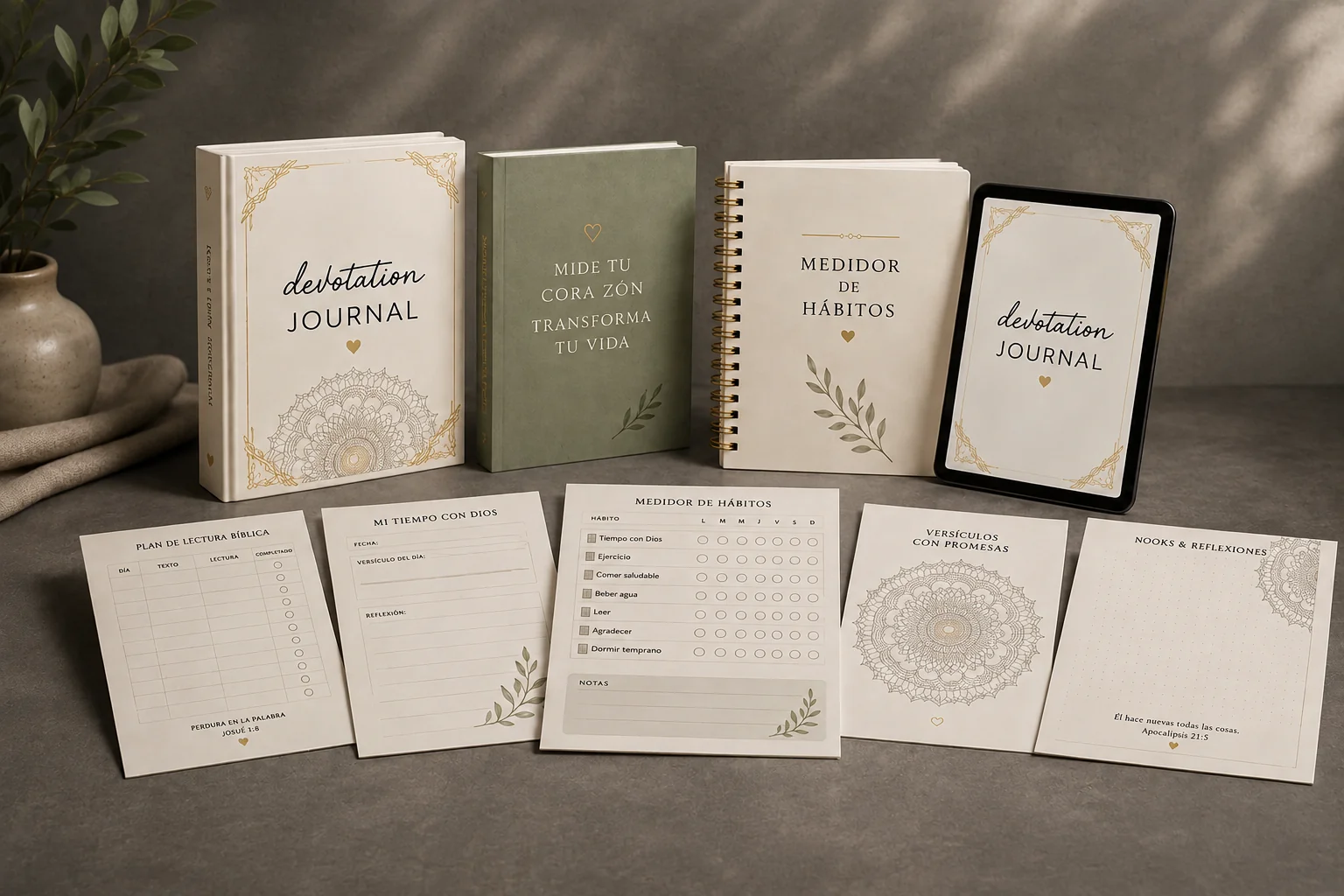 Mockup del devocional Gracia Diaria con el Bible Journal y todos los bonos