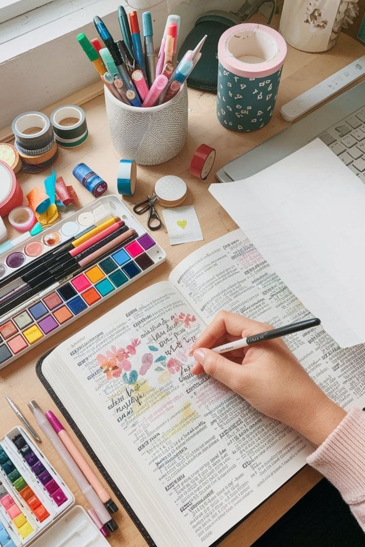 Escritorio con materiales de Bible Journaling y acuarelas