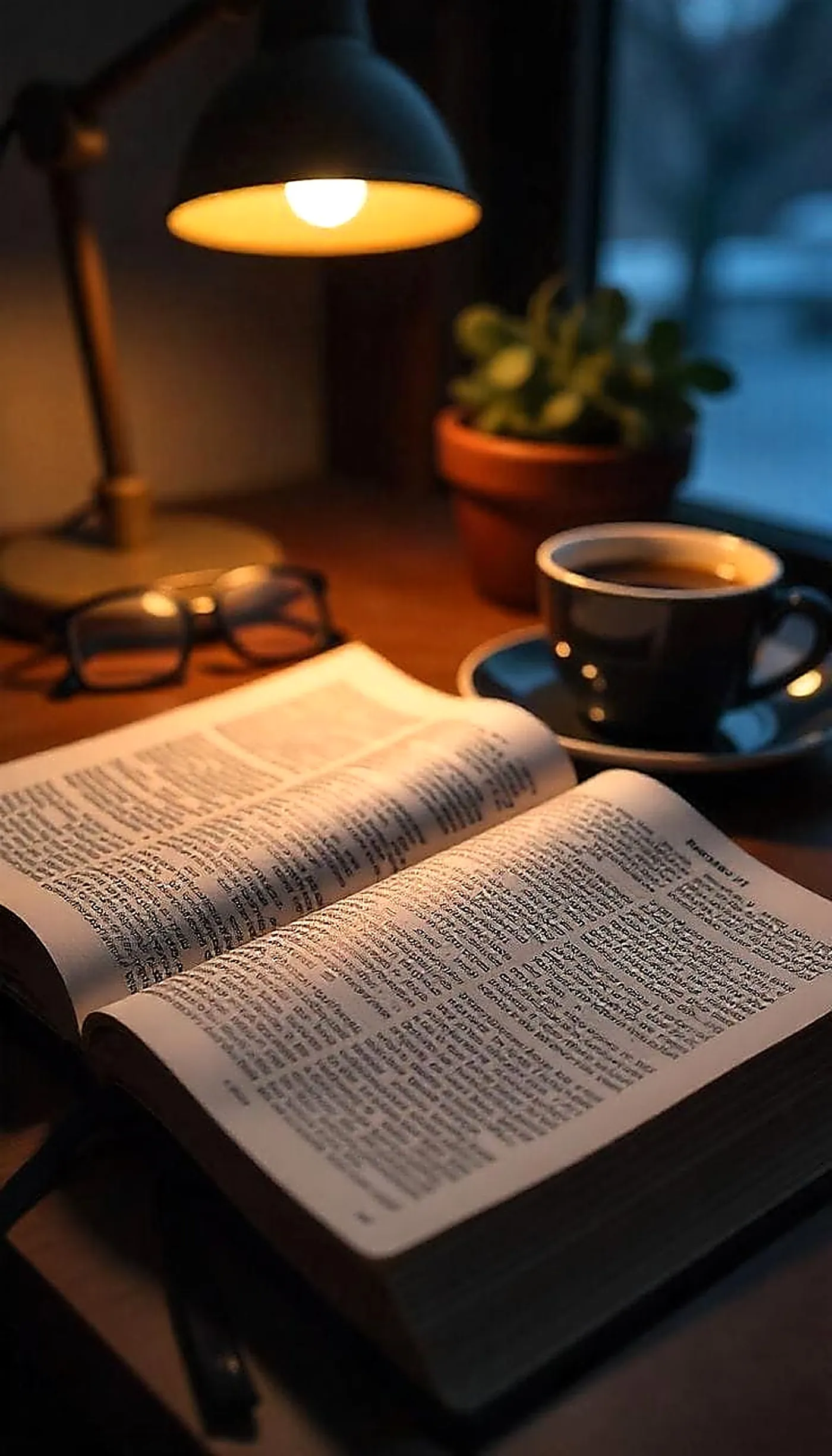 Biblia abierta junto a un café bajo la luz de una lámpara