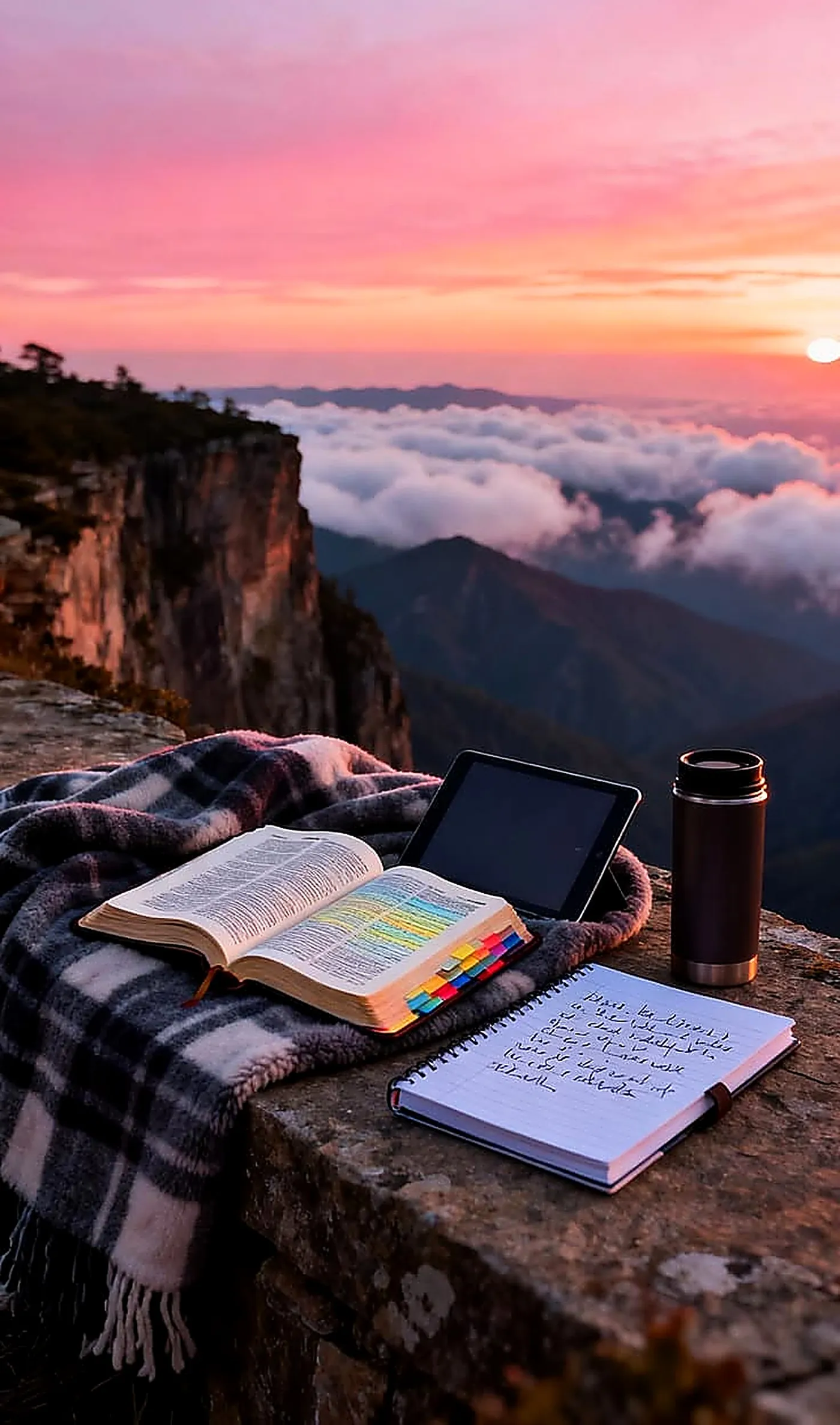 Biblia, tablet y cuaderno frente a un amanecer en la montaña